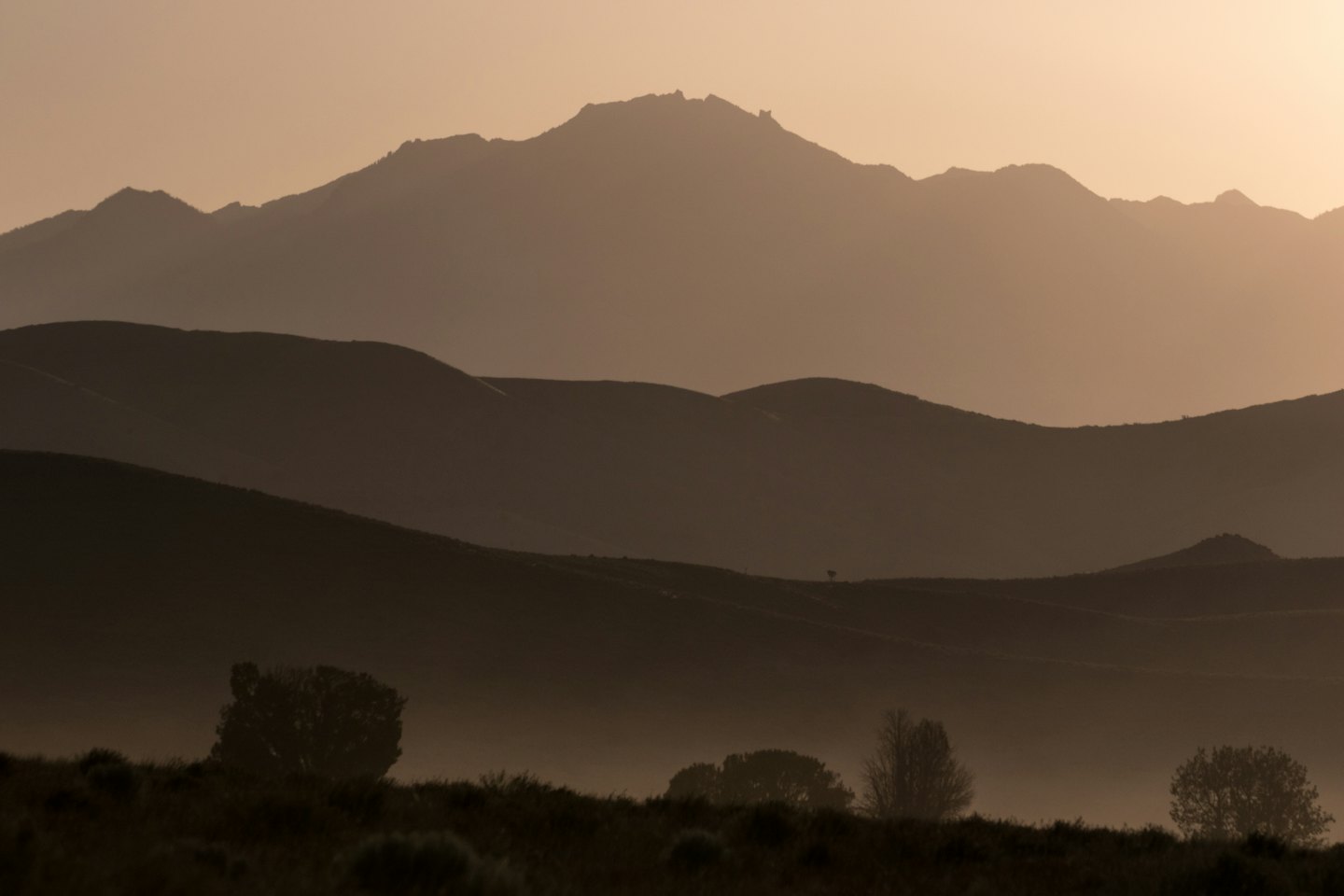 Colinas y montañas onduladas silueteadas al amanecer con una ligera neblina.